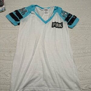 PINK Victoria's Secret White Tee with Blue Sequin Sleeves